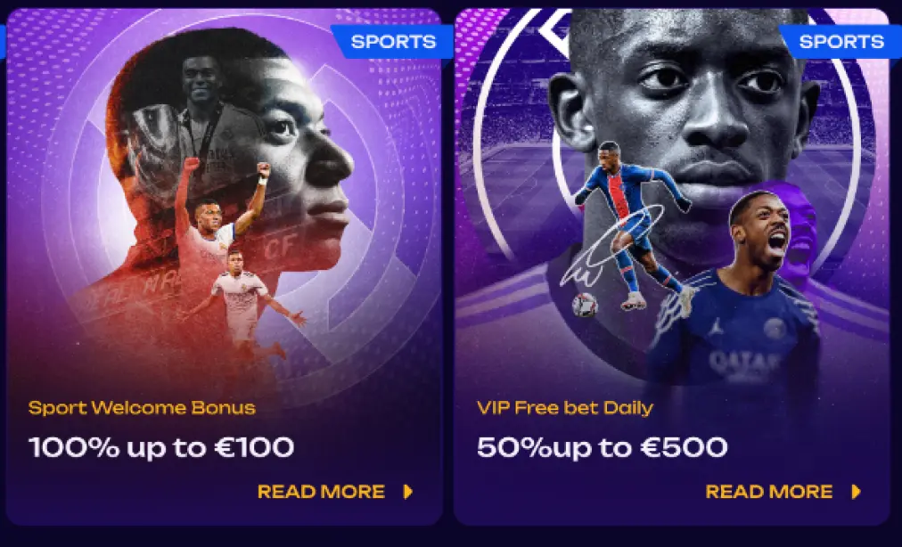 kafelki promocji sports z bonusem powitalnym do €100 i ofertą vip do €500 dwa kafelki z promocjami sports, widoczny sport welcome bonus 100% do €100 oraz vip free bet daily 50% do €500 z przyciskiem read more